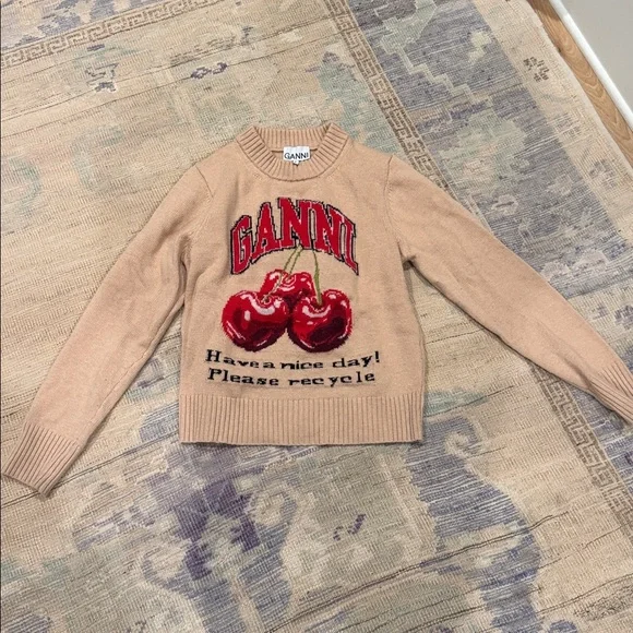 Ganni Camel Graphic Cherry Sweater
